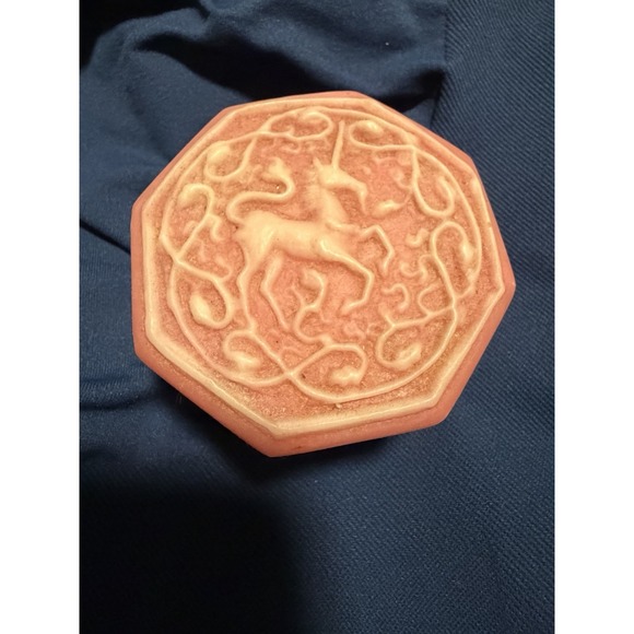 The Unbranded Brand Other - Vintage Unicorn Pink Soapstone Jewelry Octagon Lidded Trinket Box Scrollwork 70s